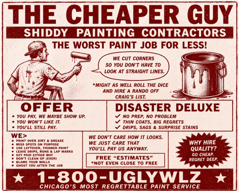 Red and cream vintage-inspired parody advertisement for a fictional painting company called "The Cheaper Guy – Shiddy Painting Contractors." The flyer mimics old Chicago contractor handbills and features humorous text promoting bad painting practices, a cartoon painter with a roller, a dripping paint can illustration, and the fake phone number 1-800-UGLYWLZ.