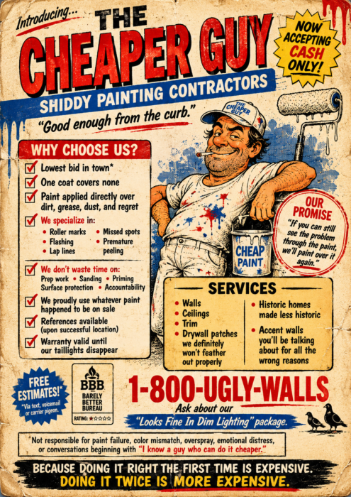 Vintage-style parody advertisement for “The Cheaper Guy – Shiddy Painting Contractors,” featuring a cartoon painter, humorous low-budget painting promises, fake contractor credentials, and the slogan “Because doing it right the first time is expensive. Doing it twice is more expensive.”